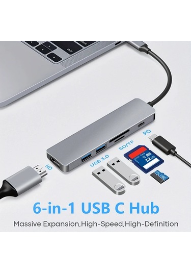 Xuweiwei Usb C Hub Gray Macbook Pro Uyumlu 6ın1 Usbc Hdtv Dongle 4k Hdtv 2usb3 0 Sd Tf Kart Okuyucu 100w Pd