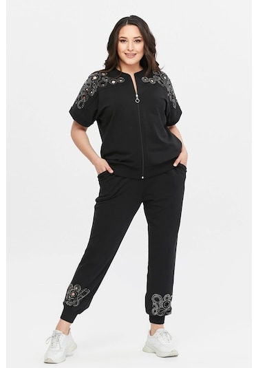 Omuz Ve Paça Lazer Kesimli Takım Siyah