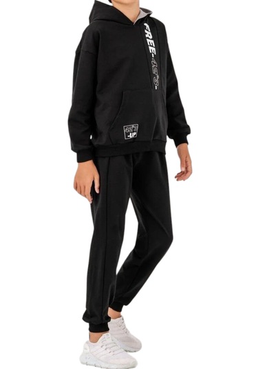 Erkek Çocuk Free Koordinat Yazılı Kapüşonlu Kanguru Cepli Siyah Renk Eşofman Takımı Siyah