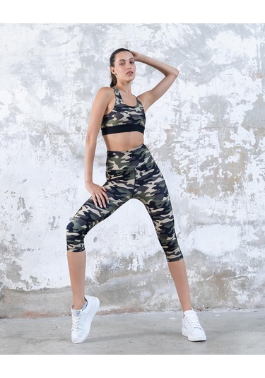 Kamuflaj Desen Toparlayıcı Spor Kapri Tayt Haki Kamuflaj