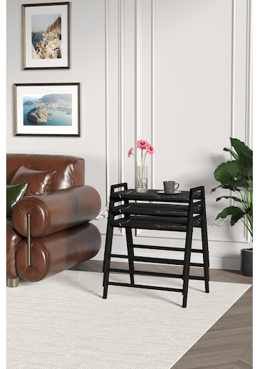 Zigon Sehpa , Aden 3'lü Tepsi Zigon Sehpa Takımı Siyah Metal - Siyah Mermer Tabla Siyah-siyah Mermer