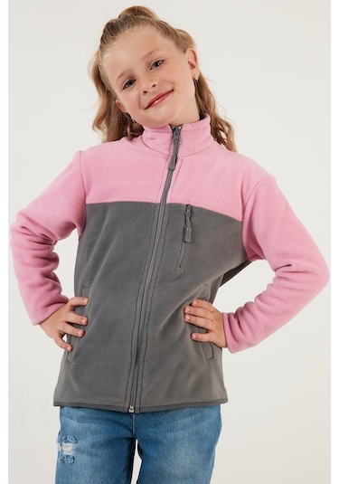 Lela Yumuşak Dokulu Fermuarlı Renk Bloklu Dik Yaka Cepli Hırka Unisex Çocuk Polar 5905001 Şeker Pembe-Gri