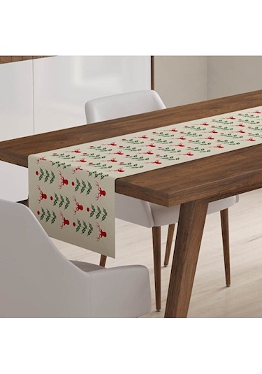 Krem Yılbaşı Temalı Dijital Baskılı Runner Yaprak Geyik Desenli Krem