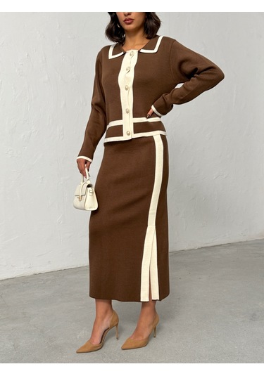 Kadın Inci Düğmeli Etekli Triko Takım Kahverengi