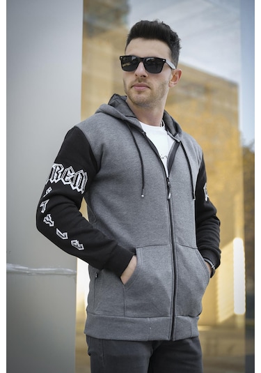 Oksit Extrem Pamuklu Üç İplik Şardonlu Fermuarlı Kapüşonlu Kol Baskılı Slim Fit Erkek Sweatshirt Oksit Extrem Pamuklu Üç İplik Şardonlu Fermuarlı Kapüşonlu Kol Baskılı Slim Fit Erkek Sweatshirt