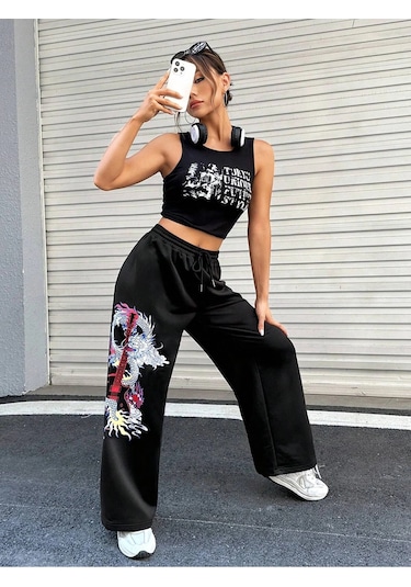 Coolane Dragon & Guitar Print Drawstring Waist 4 Mevsim Eşofman Siyah