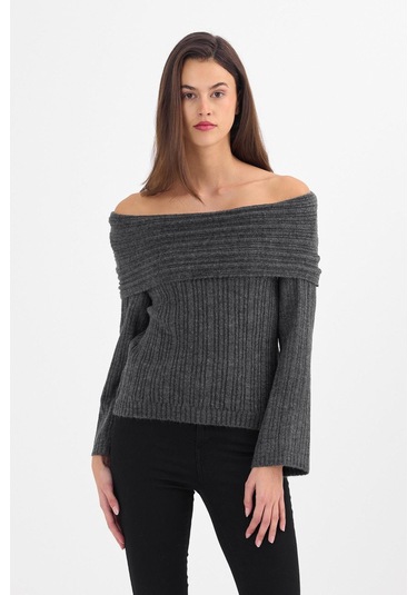 Explode - Kadın Antrasit Madonna Yaka Oversize Triko Kazak Antrasit