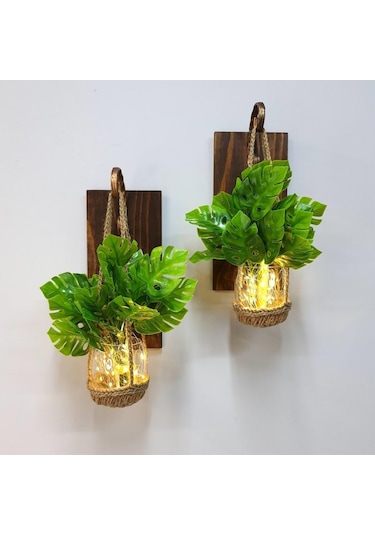 Duvar Dekoru, Led Işıklı, Deve Tabanı Çiçekli, Ceviz Aplik İkili Set