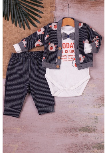 Papyonlu Bear Çizgili Model Ceketli 3'lü Erkek Bebek Takımı Siyah