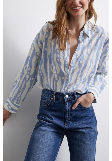Zebra Desen Modal Gömlek Mavi Mavi