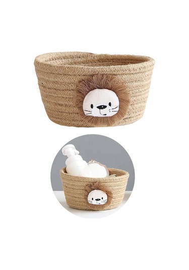 Magideal Suntek El Dokuması Pamuk İpliği Aslan Figürlü Saklama Sepeti Kahverengi - 16x9 CM
