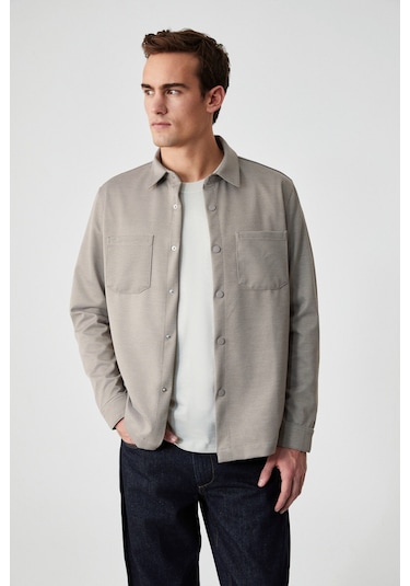 Jakarı Erkek Regular Fit Standart Kesim Klasik Yaka Desenli Çıtçıtlı Vizon Gömlek