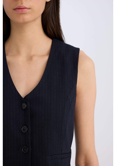 Defacto V Yaka Çizgili Düğmeli Blazer Yelek C2027AX24AUNV91 Lacivert