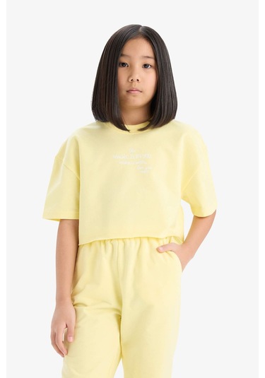 DeFacto Kız Çocuk 2'li Takım Bisiklet Yaka Baskılı Kısa Kollu Tişört Beli Paçası Lastikli Eşofman Altı Z8983A625SMYL236 Sarı
