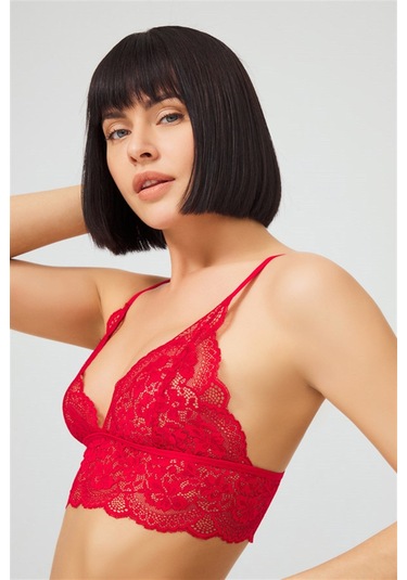 Kırmızı Dantelli Transparan Balensiz Kadın Sütyen Takımı Kırmızı
