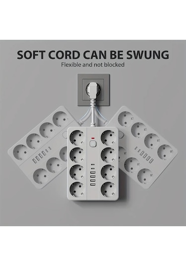 Honeybeeshop 14ü 1 Arada Şarj Koruma Güç Şeridi 8 Ac Çıkış 4 Usb A 2 Type C Beyaz Siyah Beyaz