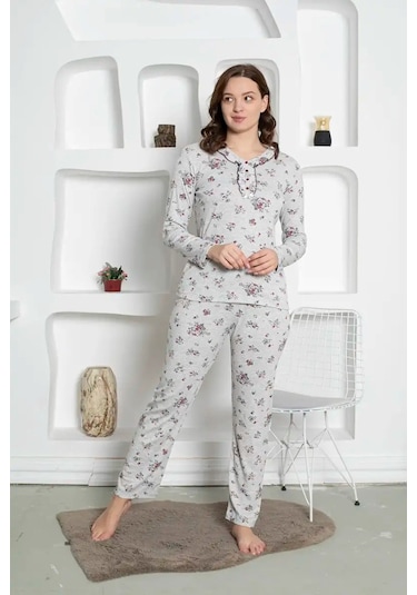 Gri Çiçek Desenli Büyük Beden Kadın Uzun Kol Anne Pijama Takımı - %100 Pamuk Penye Mevsimlik Gri Melanj