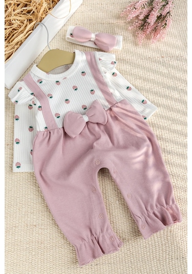 Pamuklu Fiyonklu Bandanalı Kız Bebek Tulum Pembe