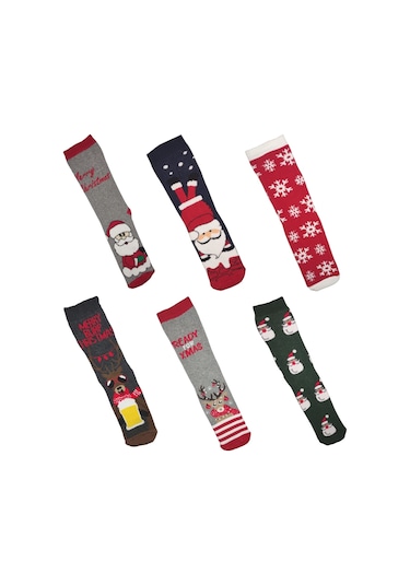 Unİsex Yılbaşı Temalı Altılı Havlu Çorap Seti Çok Renkli