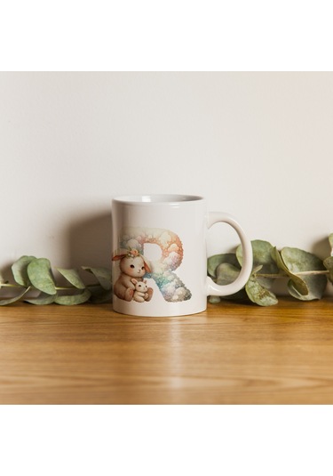 R Harfi Tasarım Bardak, Sevimli Hayvan Temalı Harf Bardağı Beyaz