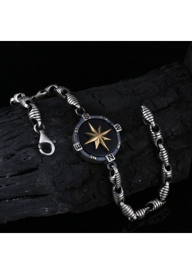 Fkgümüş 925 Ayar Gümüş Oniks Taşlı Pusula Erkek Bilekik Gümüş