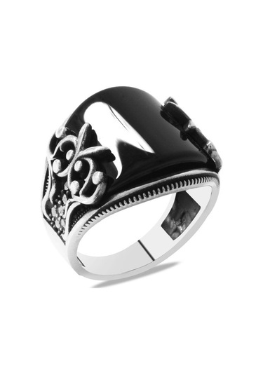 Markazit Taş İşlemeli Siyah Bombeli Oniks Taşlı 925 Ayar Gümüş Erkek Yüzük