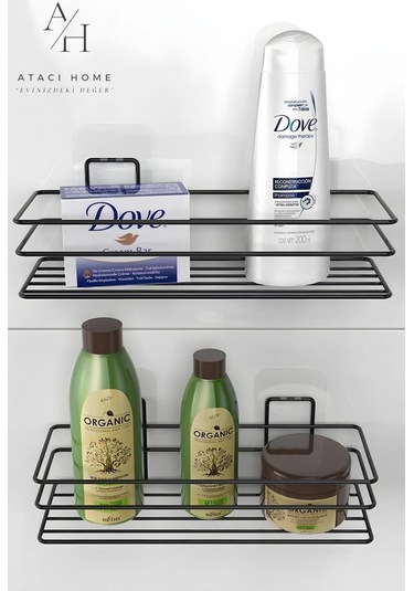 Atacı Siyah 3'lü Set Yapışkanlı Paslanmaz Banyo Rafı Sabunluk Şampuanlık Duşakabn Duş Askısı Seti Siyah