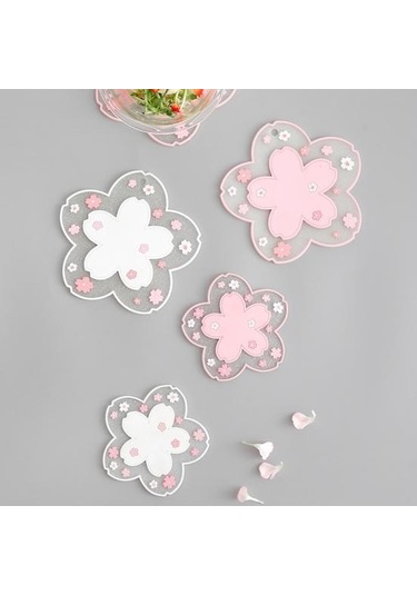 Pembe Pvc Çiçek Yalıtım Fincan Şekli Kaymaz Isı Kahve Paspasları Çay Altlığı S Pembe