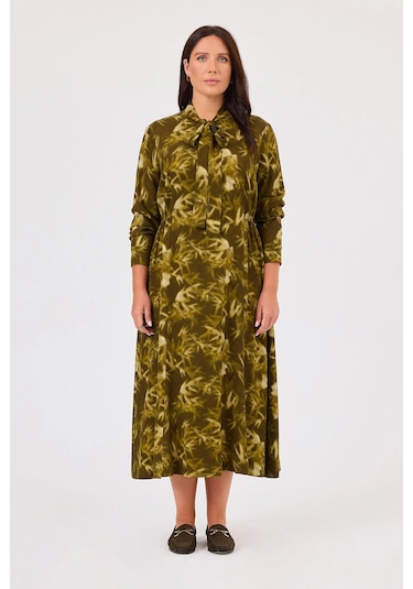 Galaxi Kadın Büyük Beden Desenli Fular Yaka Elbise 4006 Yeşil