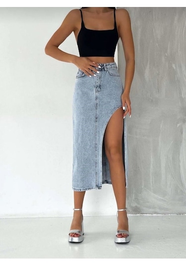 Pass&Pass 2094 Kadın Likrasız Yandan Yırtmaçlı Jeans Kot Denim Etek Beyaz