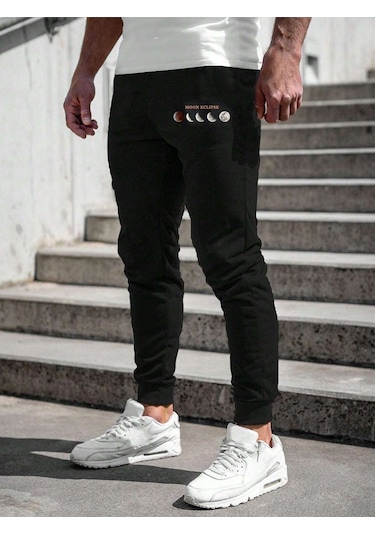 Moon Eclipse Eşofman Altı Jogger - Siyah Baskılı Lastik Paça Yüksel Bel Siyah