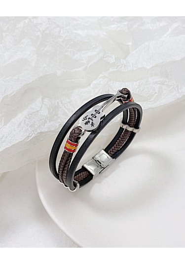 Avrupa Ve Amerikan Punk Erkek Deri Çok Katmanlı Örgülü Gitar Bilekliği Erkek Arkadaş İçin Gümüş - Siyah