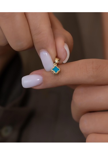 Bayar Gold 14 Ayar Altın Turkuaz Renkli Yonca Kolye Ucu Sarı Altın