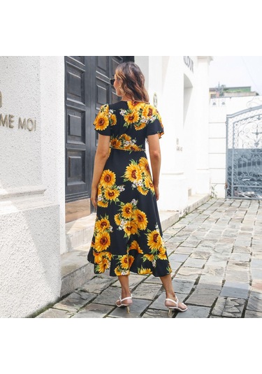 Gmxıa Kadın Moda Yaz Bahar Çiçek Baskı Kısa Kollu V Yaka Yüksek Bel Günlük Elbiseler Yeşil