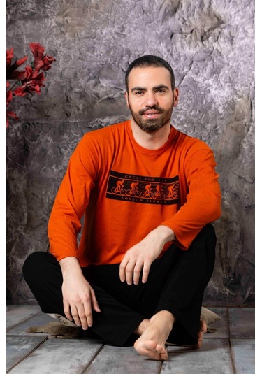 Yuvarlak Yaka Pamuk Regular Kalıp Erkek Pijama Takımı 983 - Turuncu