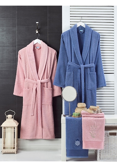 4 Parça Aile Bornoz Seti Kadın Erkek Havlulu Bornoz Takımı Pembe-lacivert