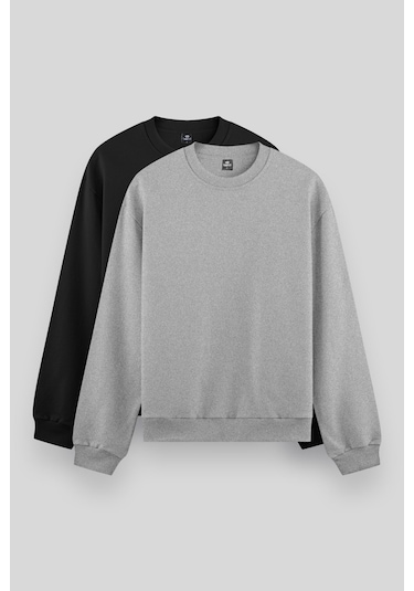 Standart Fit Basic O Yaka 2li Paket Siyah-gri Melanj Erkek Sweatshirt - 88053 Siyah - Gri