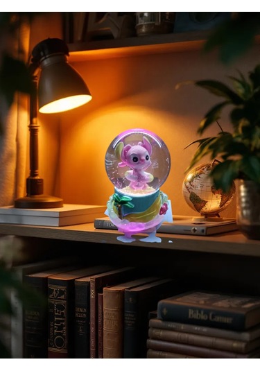 Stitch - Sarı Altlık 11cm-7cm Pilli Pembe Kar Küre