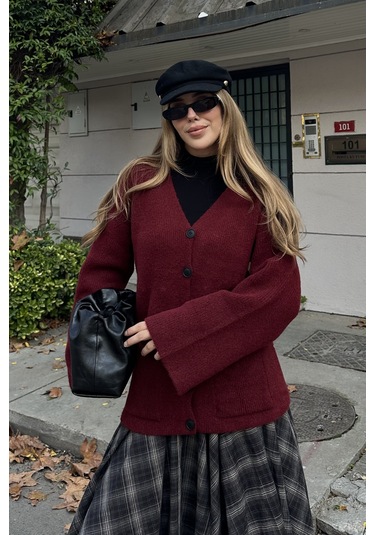 Bordo Çift Cepli Hırka - 04622 Bordo