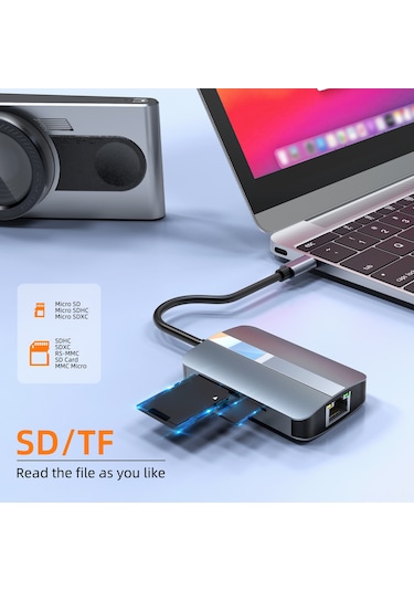 Skycity 2112 Usb-c Çok Fonksiyonlu Hub: Rj45 Ethernet + Usb3.0 + Usb2.0 + Sd/tf Kart Okuyucu, Uzay Grisi, 5.0gbps Hızlı Veri Transferi