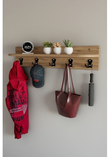Alpa Ev Mobilya 5 Askılı Raflı Portmanto, Elbise Askılığı, Modern Duvar Organizer Askılık Atlantik Çam
