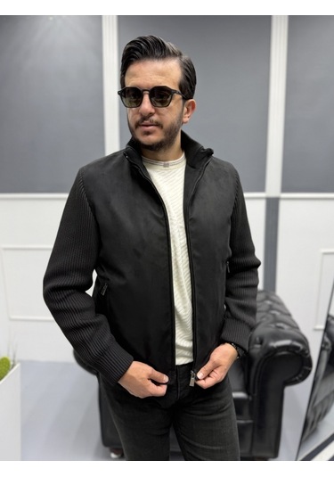 Avni Ceylan Erkek Nubuk Triko Kol Detaylı Slim Fit Mont Siyah