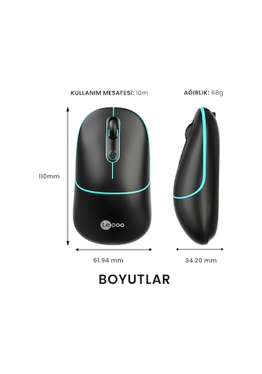 Lecoo WS210 Kablosuz 1600DPI 6 Tuşlu Çift Modlu RGB Şarj Edilebilir Sessiz Mouse