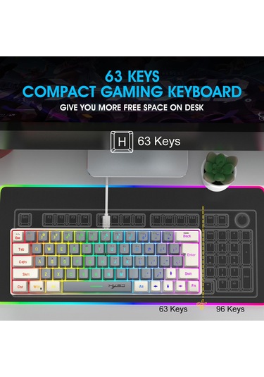 Hxsj V400 Kablosuz Renk Eşleştirme Rgb Arka Işık Membran Klavye 63 Anahtar Kapak, Kablolu Uzunluk: 1.7m Gri + Bej 2 Renkli