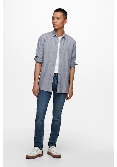 Only & Sons Erkek Onscaiden Slim Fit Keten Gömlek 22012321 Lacivert Lacivert