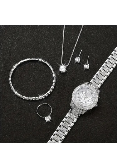 Elegant Saat İle Kolye+küpe+yüzük+bileklik 6 Parça Takı Seti
