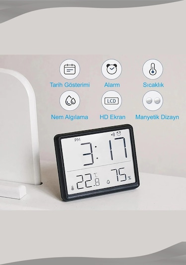 Dijital Oda Termometre Sıcaklık Ve Nem Ölçer Masa Saati Alarm Lcd Ekran Duvara Takılır Siyah