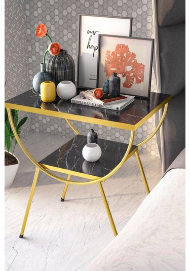 Yan Sehpa Komodin Metal Ayak Gold Bendir 1981 Siyah Mermer Desen