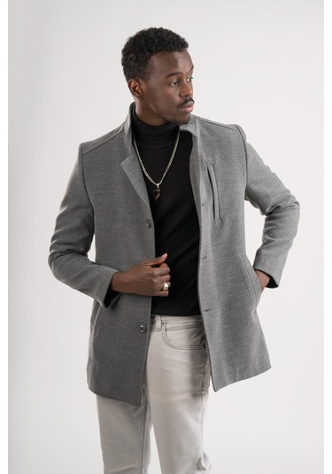 Slimfit Hakim Yaka Düğme Kapamalı Yan Cepli Astarlı Tek Yırtmaçlı Yünlü Kaşe Kaban Gri