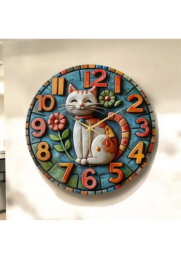 Kedi Çiçek Renkli Baskı Desenli Sayılı Hediyelik Ahşap Sessiz Tablo Duvar Saati 130 Renkli